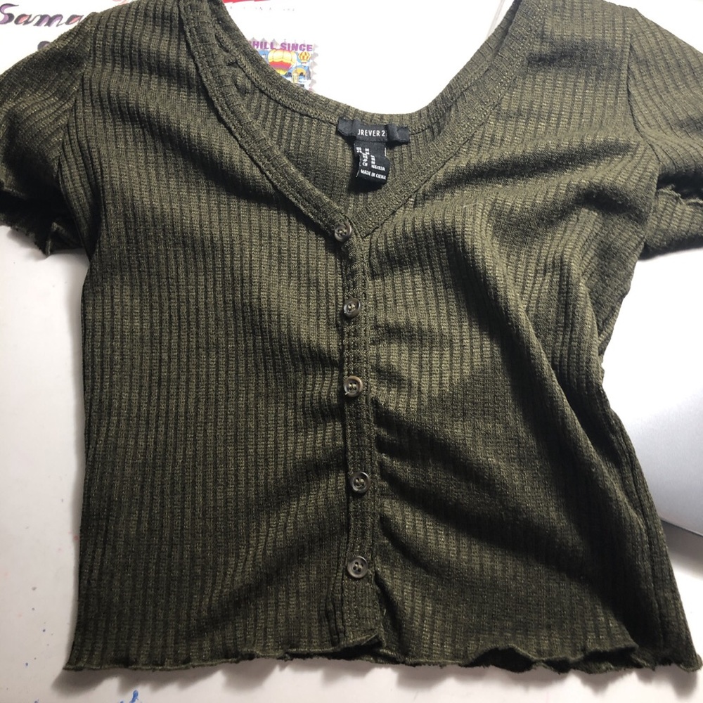 army green button up crop top
